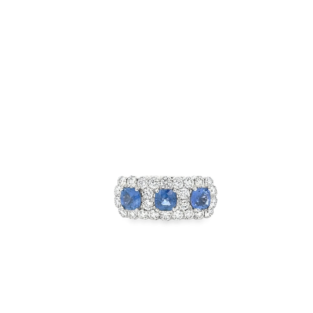 18kt White Gold 3 Stone Round Diamond and Sapphire Ring