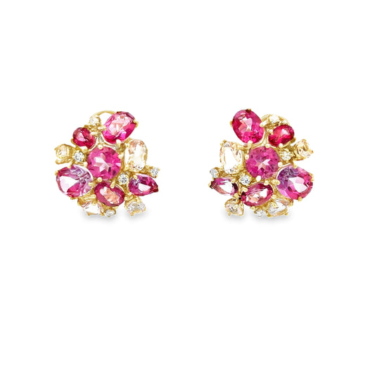 Raymond Mazza 14k Yellow Gold Cluster Pink Topaz/Morganite & Diamond Earrings