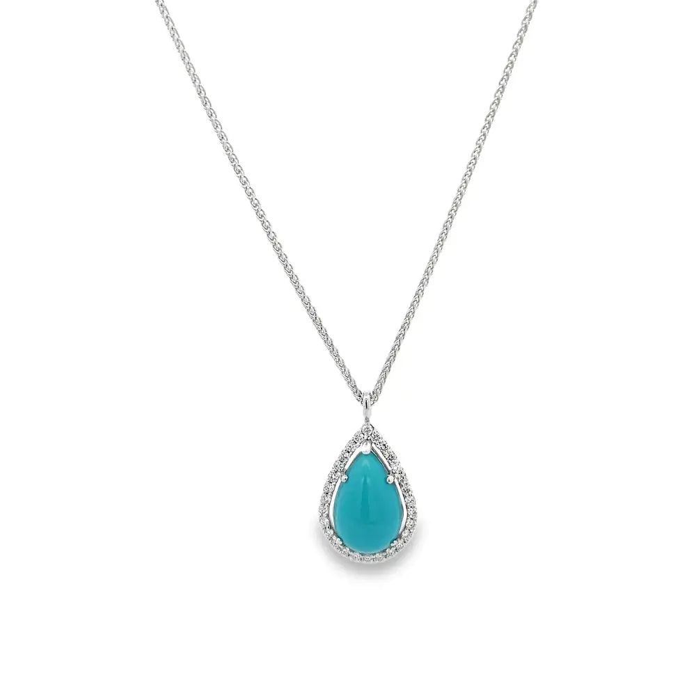 18kt White Gold Pear Cabachon Turquoise and Diamond Pendant