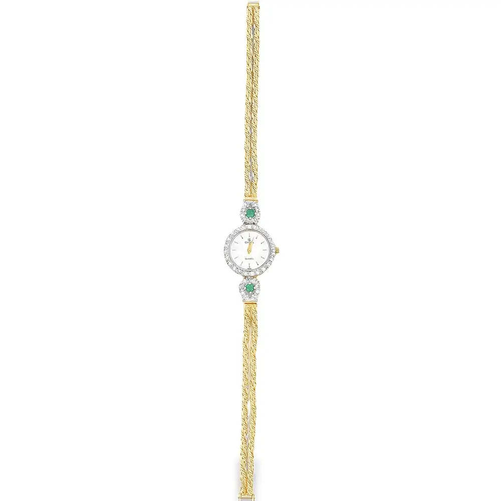 Cyma 14K Yellow Gold Ladies Diamond and Emerald Vintage Watch