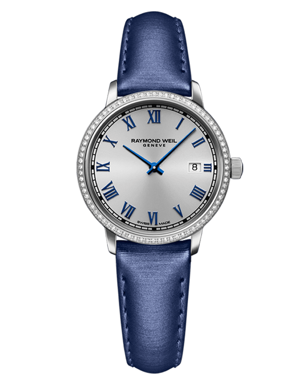 Raymond Weil Toccata Ladies Diamonds Silver Dial Blue Satin Strap Watch, 29mm