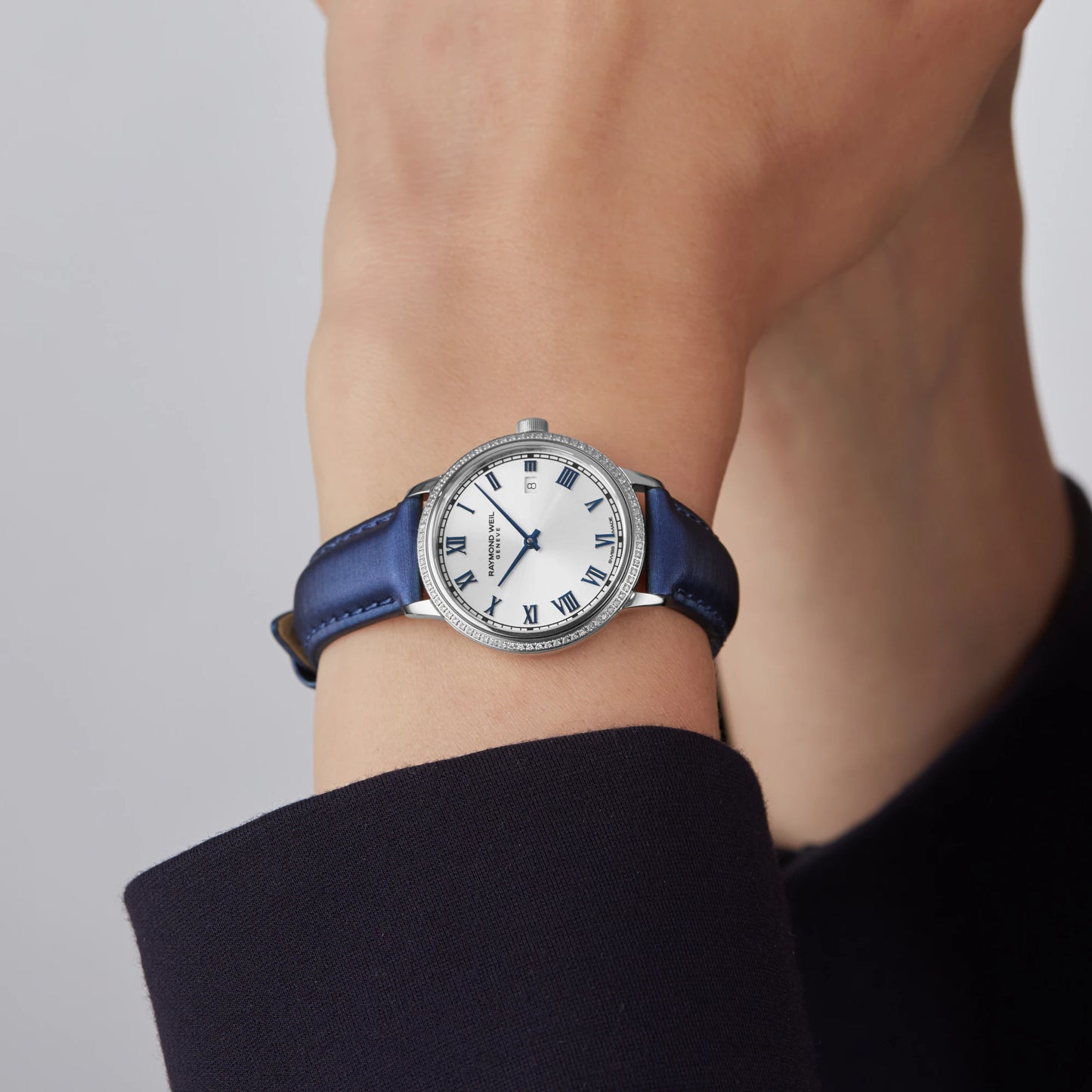 Raymond Weil Toccata Ladies Diamonds Silver Dial Blue Satin Strap Watch, 29mm