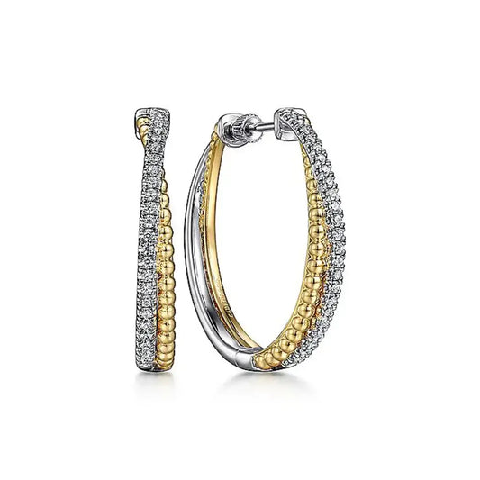Gabriel & Co. 14K White-Yellow Gold Diamond Bujukan Cris Cross Classic Hoop Earrings