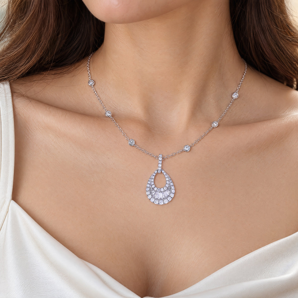 Damaso 18kt WG Diamond Cable Tear Drop Necklace .87cttw