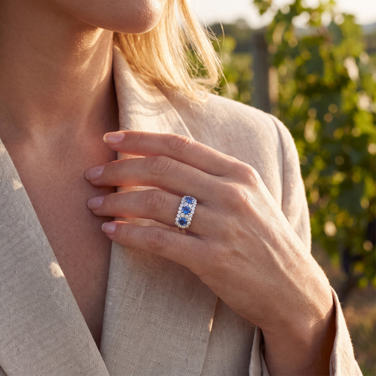 18kt White Gold 3 Stone Round Diamond and Sapphire Ring