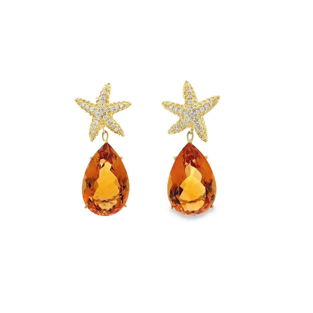 18K Yellow Gold and 14K Green Gold Starfish and Citrine Drop Earrings