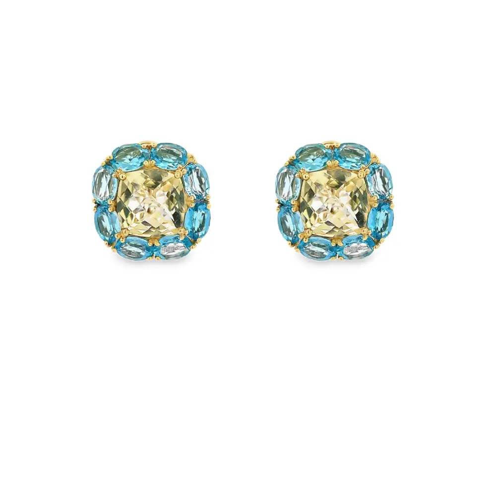 14K Yellow Gold Lemon Quartz and Blue Topaz Earrings