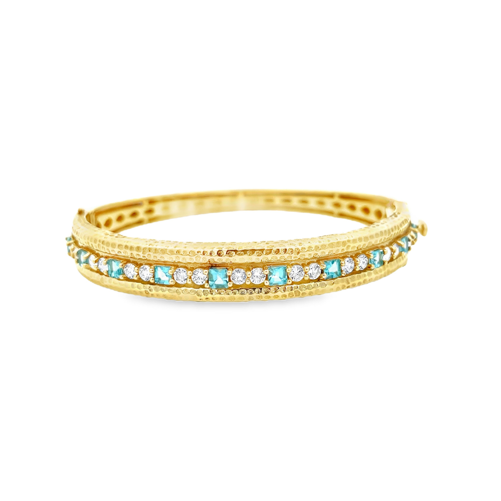 Raymond Mazza 14kt Green Gold Hammered Apatite and Diamond Bangle Bracelet