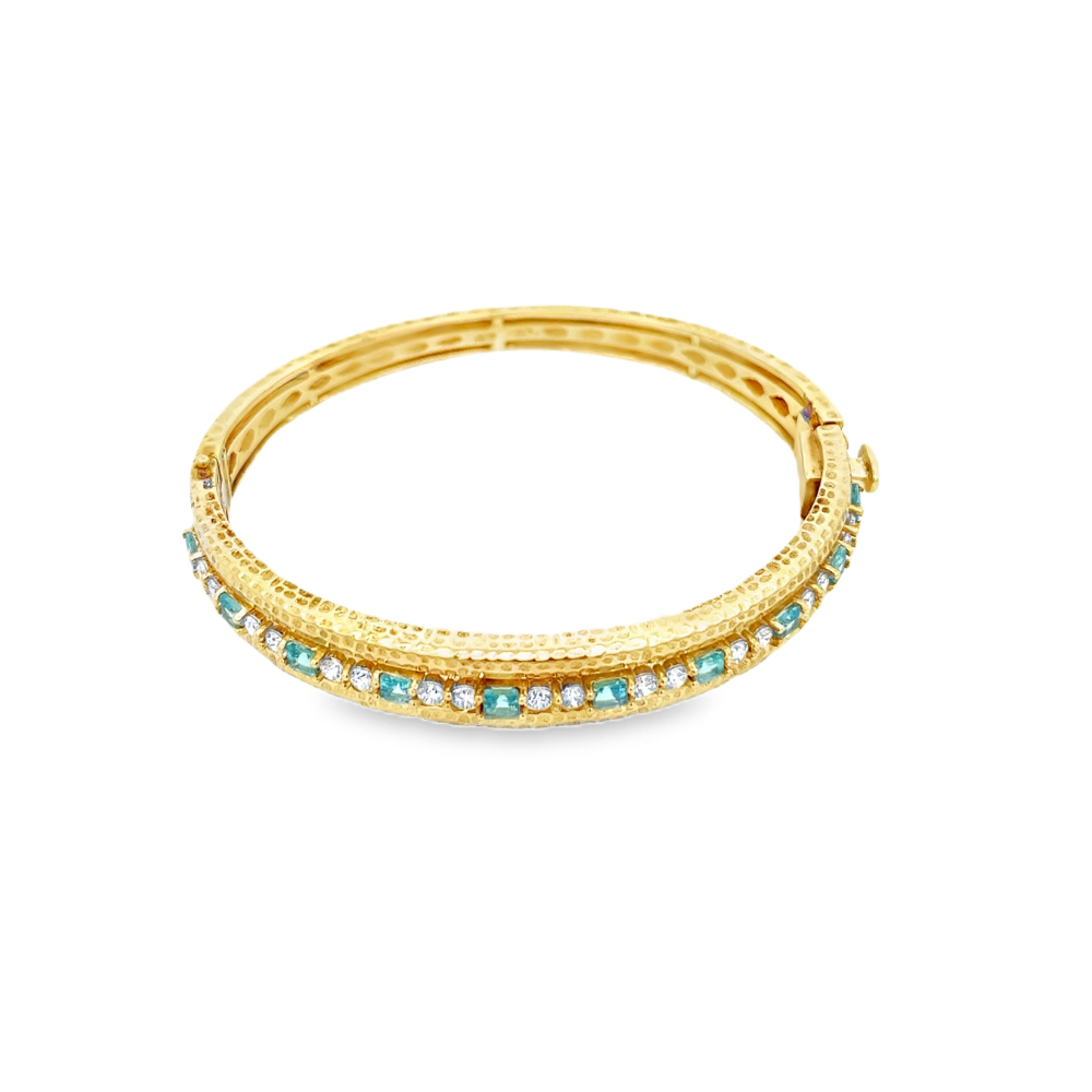 Raymond Mazza 14kt Green Gold Hammered Apatite and Diamond Bangle Bracelet