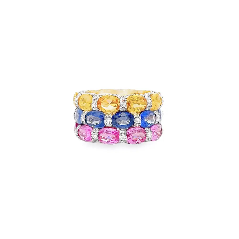 18K Yellow Gold Tri-Color Sapphire and Diamond Ring