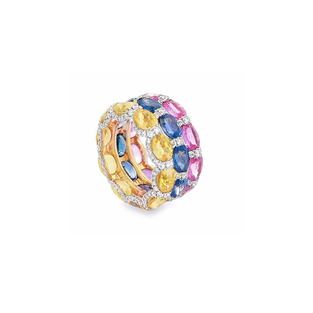 18K Yellow Gold Tri-Color Sapphire and Diamond Ring