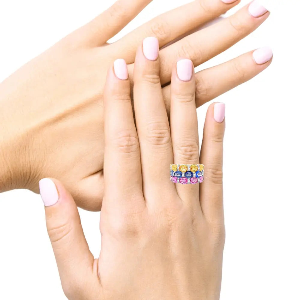 18K Yellow Gold Tri-Color Sapphire and Diamond Ring