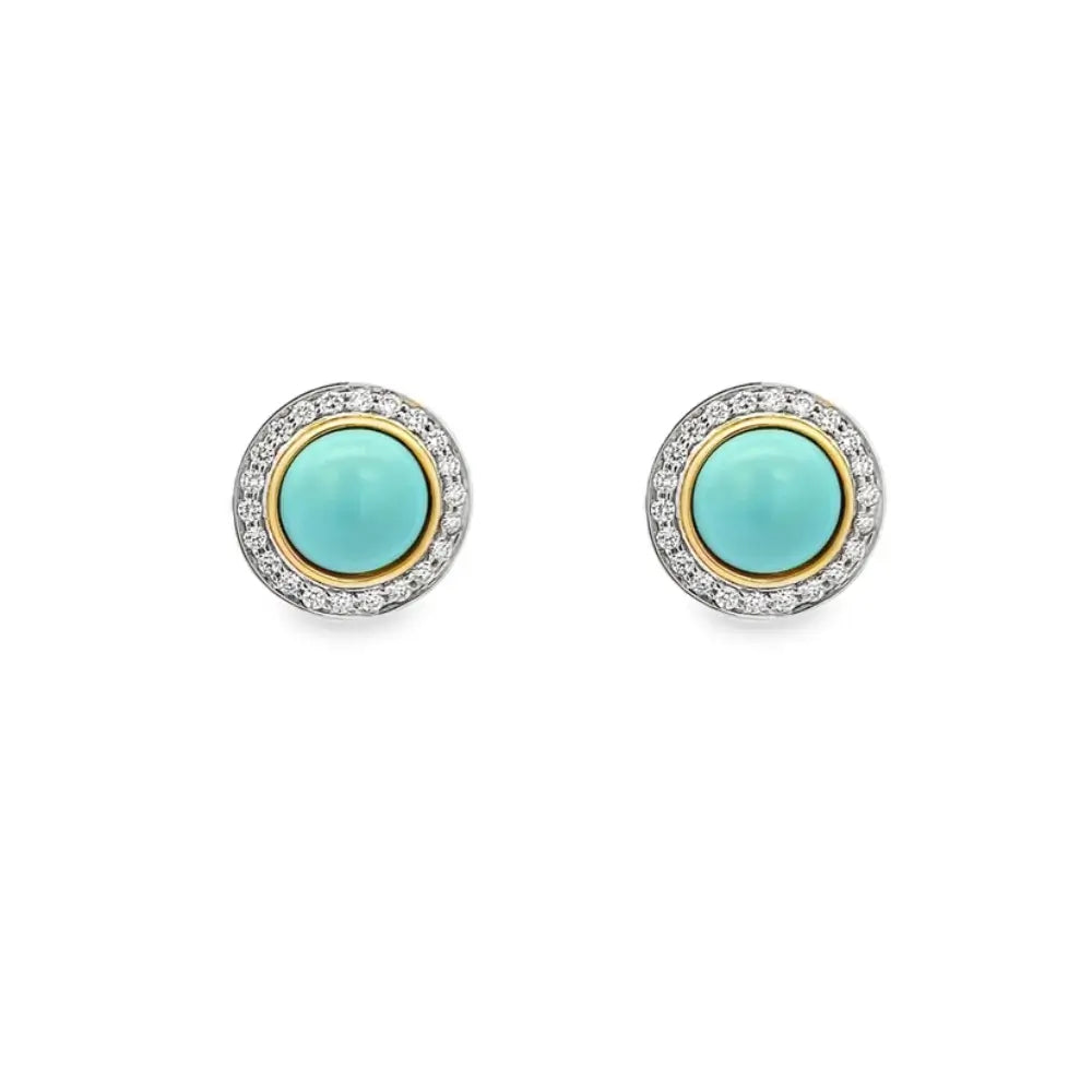 18K Two Tone Turquoise and Diamond Stud Earrings