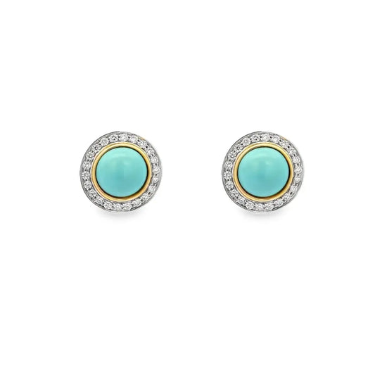 18K Two Tone Turquoise and Diamond Stud Earrings