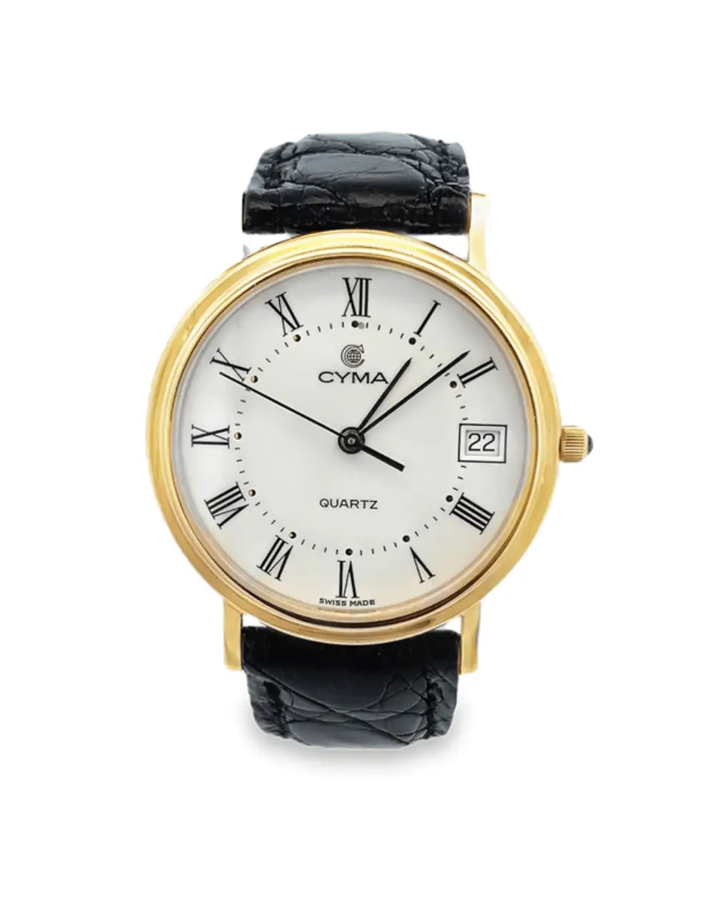 Cyma 14kt Yellow Gold Case Quartz Crocodile Black Strap, 33mm