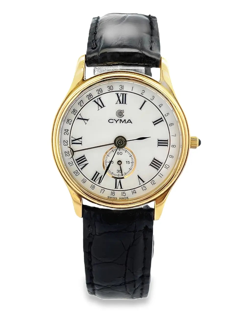 Cyma 14kt Yellow Gold Case Roman Numeral Quartz Crocodile Black Strap, 32mm