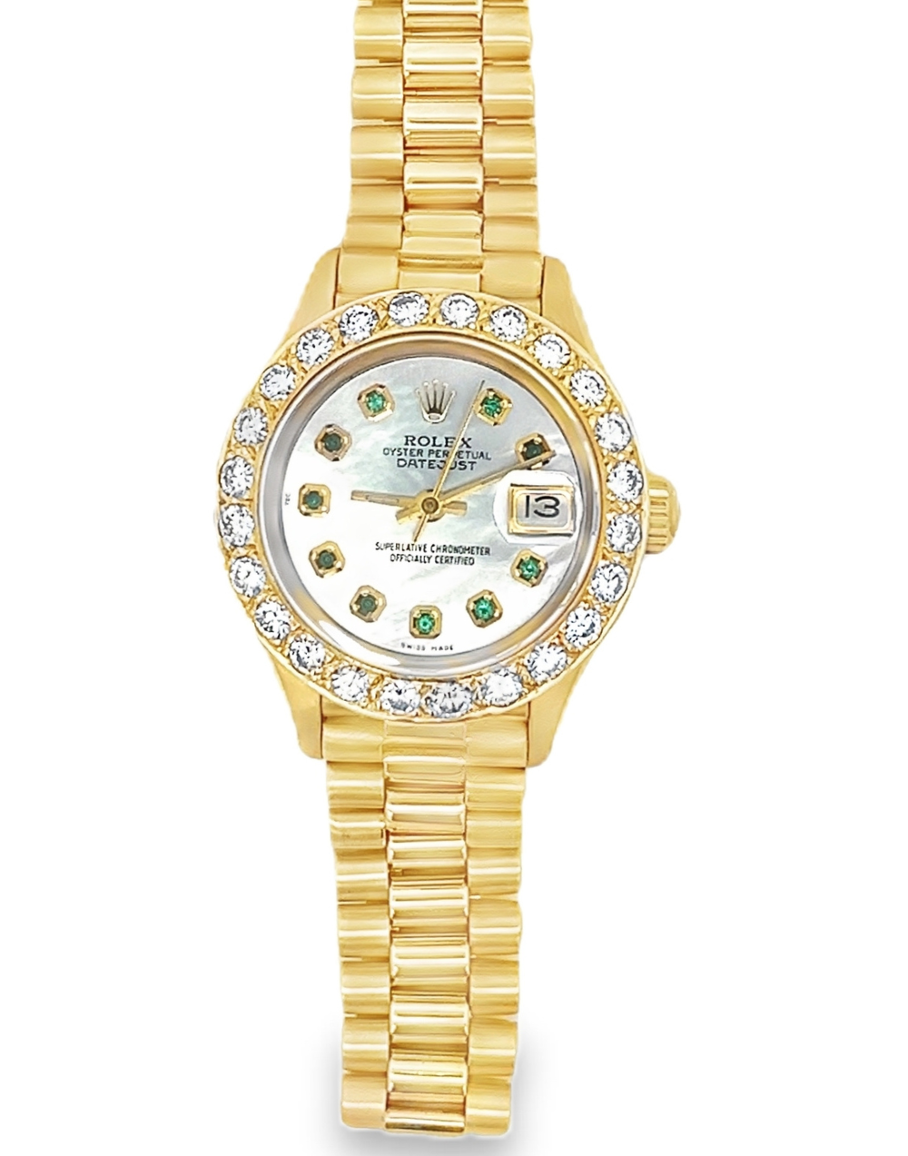 Rolex President Datejust 18K Gold Emerald and Diamond Automatic Watch, 26mm