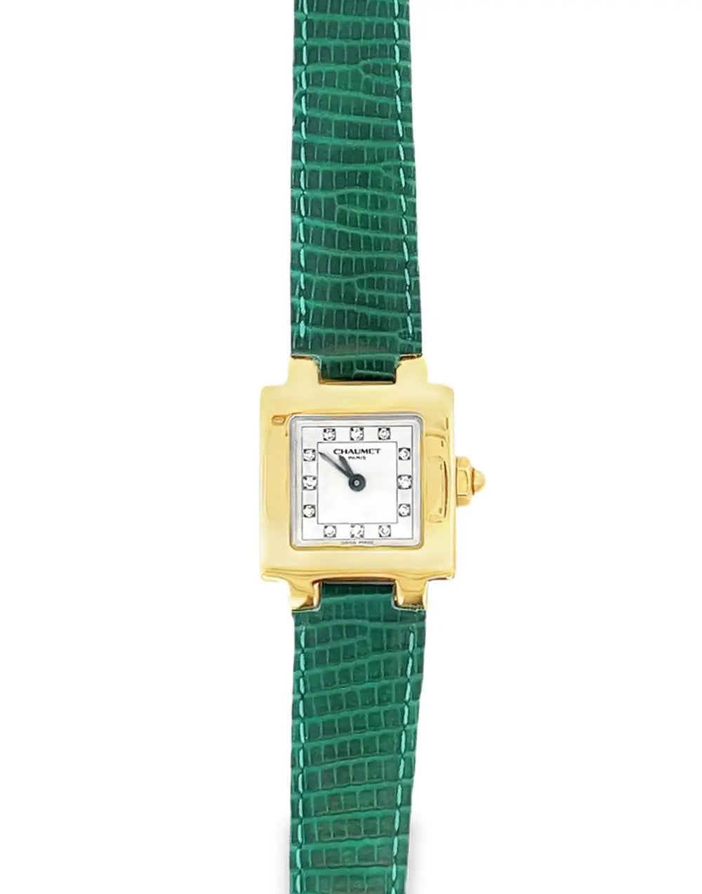 Chaumet Paris Etanche Ladies 18K Yellow Gold Square Diamond Dial Watch, 30mm