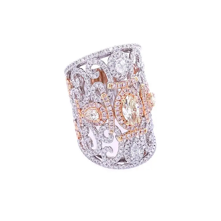 18K White Gold Pink and White Diamond Filigree Ring