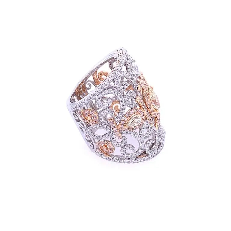 18K White Gold Pink and White Diamond Filigree Ring