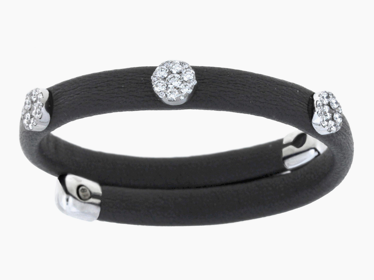 Damaso 18kt Black Leather White Gold 3 Diamond Bracelet .77cttw