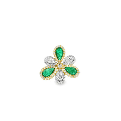 18K Yellow Gold Emerald 1.14ct and Diamond 1.36ct Floral Ring