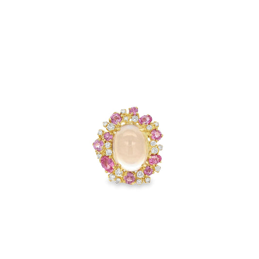 Raymond Mazza 14k Yellow Gold Pink Cluster Rose Quartz & Pink Sapphire with Diamond Ring