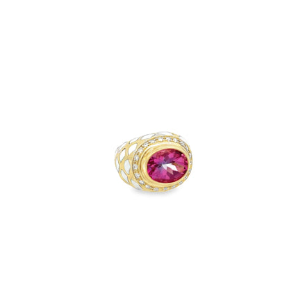 Raymond Mazza 14k Yellow Gold Pink Topaz, White Enamel & Diamond Ring