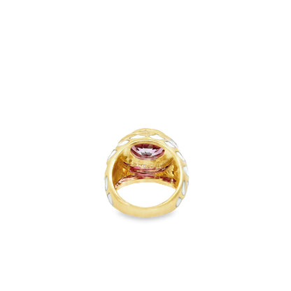 Raymond Mazza 14k Yellow Gold Pink Topaz, White Enamel & Diamond Ring