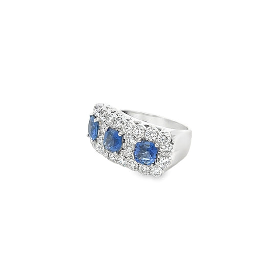18kt White Gold 3 Stone Round Diamond and Sapphire Ring