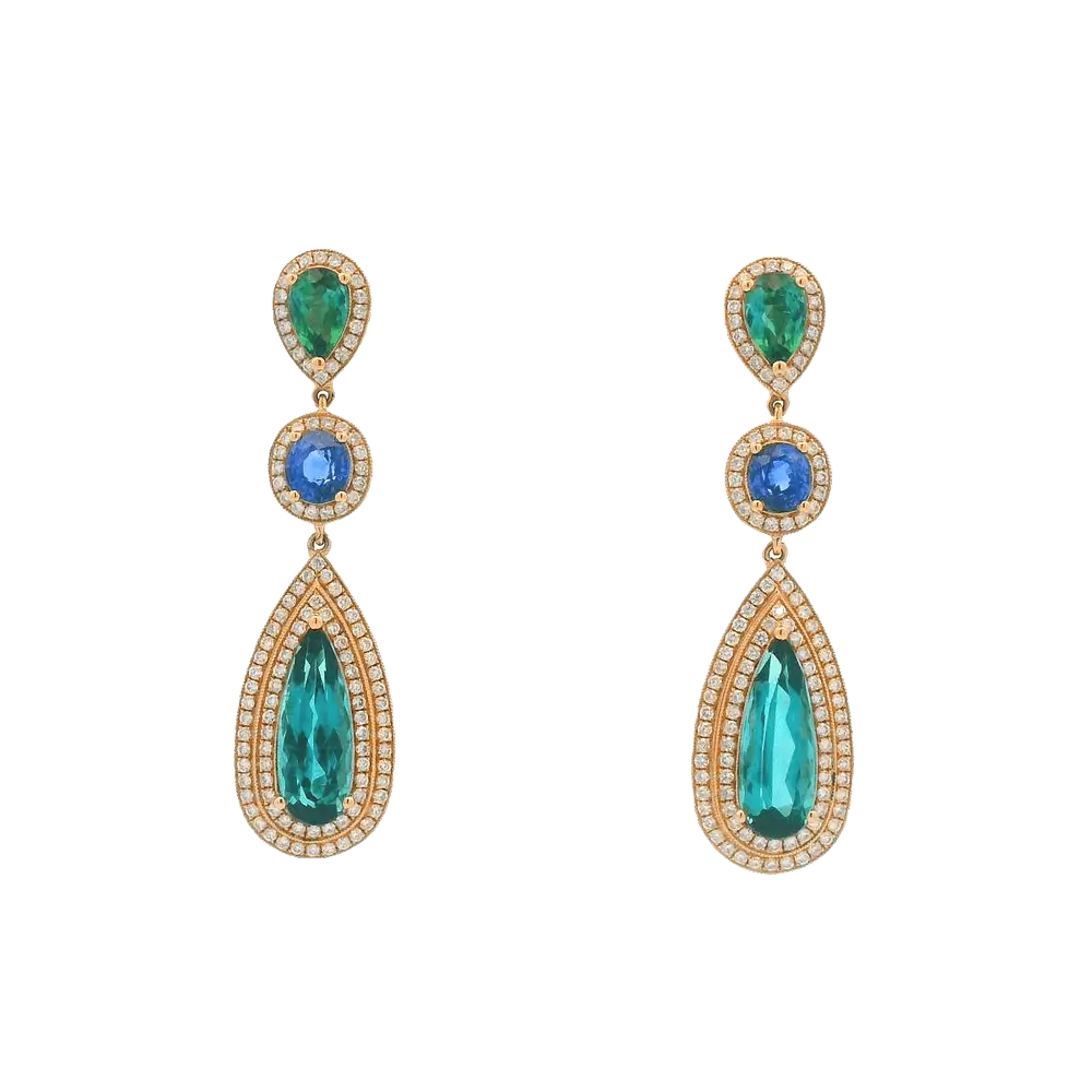 18K Rose Gold Tourmaline, Sapphire, and Diamond Drop Earrings