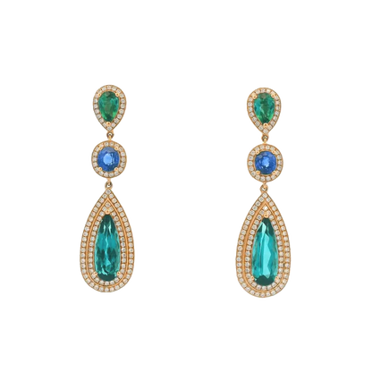 18K Rose Gold Tourmaline, Sapphire, and Diamond Drop Earrings