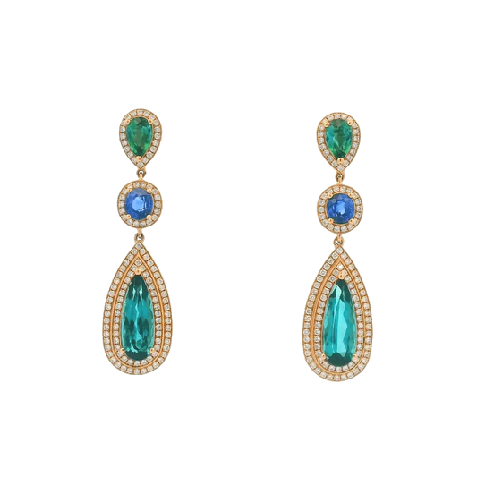 18K Rose Gold Tourmaline, Sapphire, and Diamond Drop Earrings