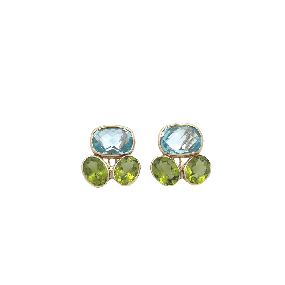 Raymond Mazza 14k Yellow Gold Peridot Blue Topaz Cluster Earrings