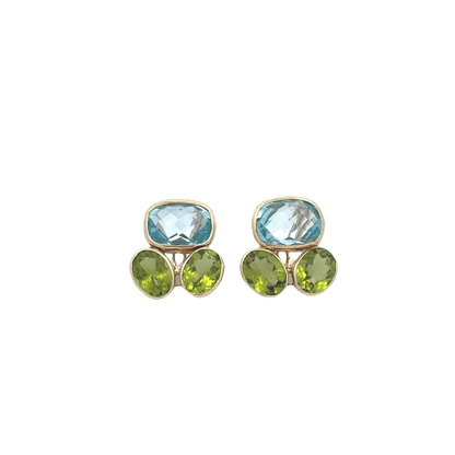 Raymond Mazza 14k Yellow Gold Peridot Blue Topaz Cluster Earrings