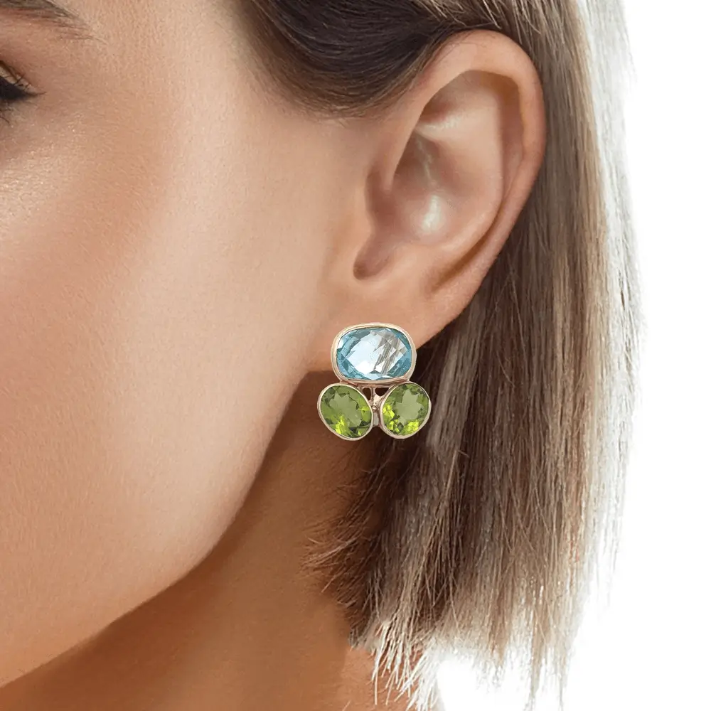 Raymond Mazza 14k Yellow Gold Peridot Blue Topaz Cluster Earrings