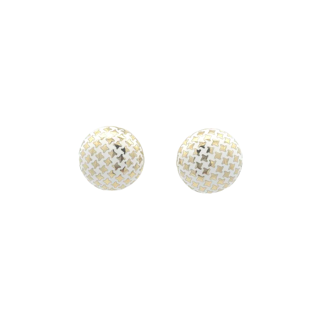 14K Yellow Gold Houndstooth White Enamel Button Earrings