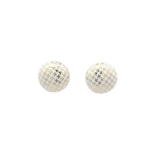 14K Yellow Gold Houndstooth White Enamel Button Earrings