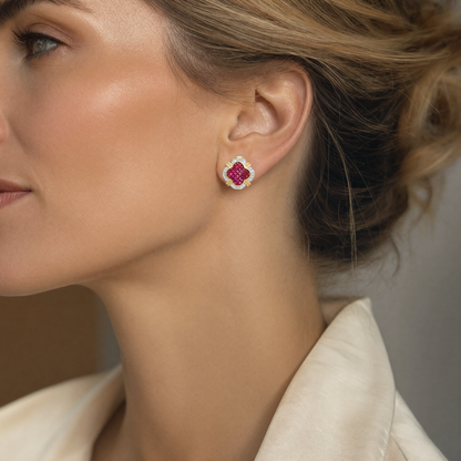 14K Yellow Gold Ruby & Diamond Clover Earrings 2.00 CTW Rubies
