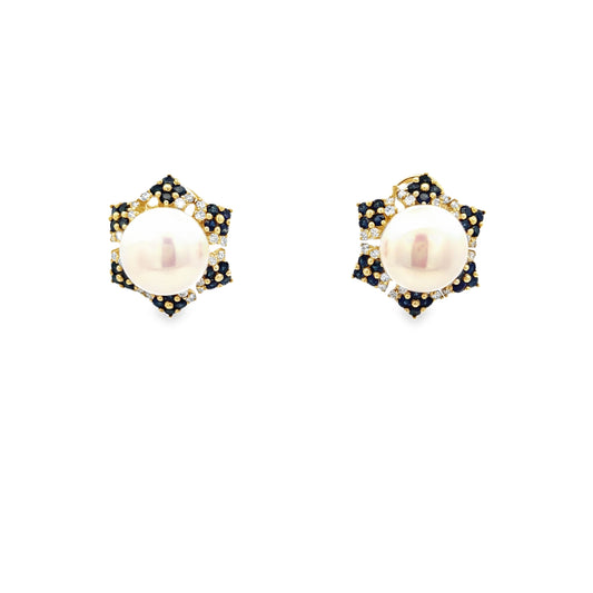 Raymond Mazza 14k Yellow Gold Snowflake Sapphire, Pearl & Diamond Earrings