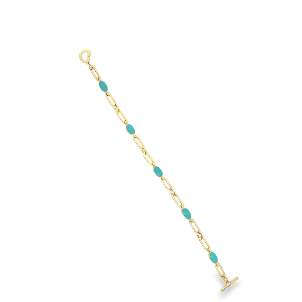 14K Yellow Gold Turquoise Enamel Paper Clip Bracelet