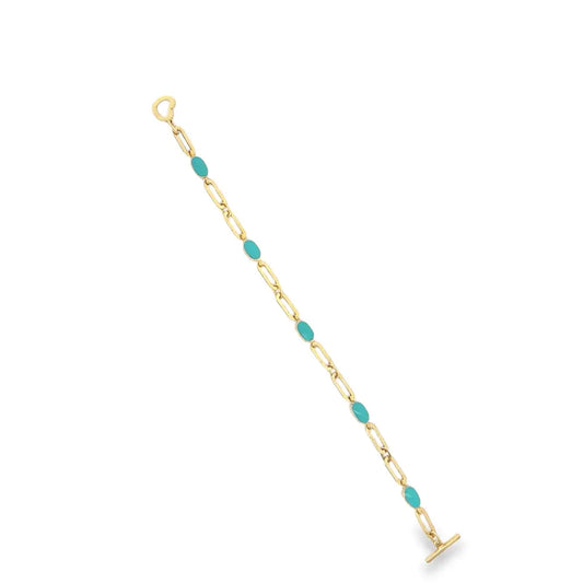 14K Yellow Gold Turquoise Enamel Paper Clip Bracelet