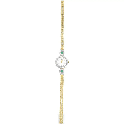 Cyma 14K Yellow Gold Ladies Diamond and Emerald Vintage Watch