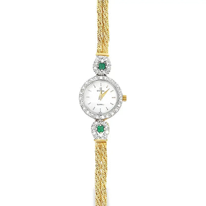 Cyma 14K Yellow Gold Ladies Diamond and Emerald Vintage Watch