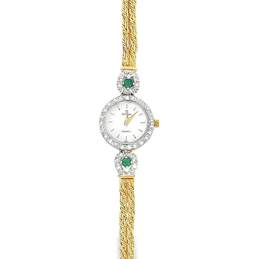Cyma 14K Yellow Gold Ladies Diamond and Emerald Vintage Watch