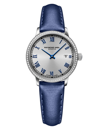 Raymond Weil Toccata Ladies Diamonds Silver Dial Blue Satin Strap Watch, 29mm