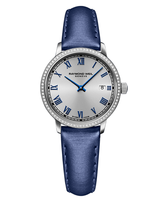 Raymond Weil Toccata Ladies Diamonds Silver Dial Blue Satin Strap Watch, 29mm