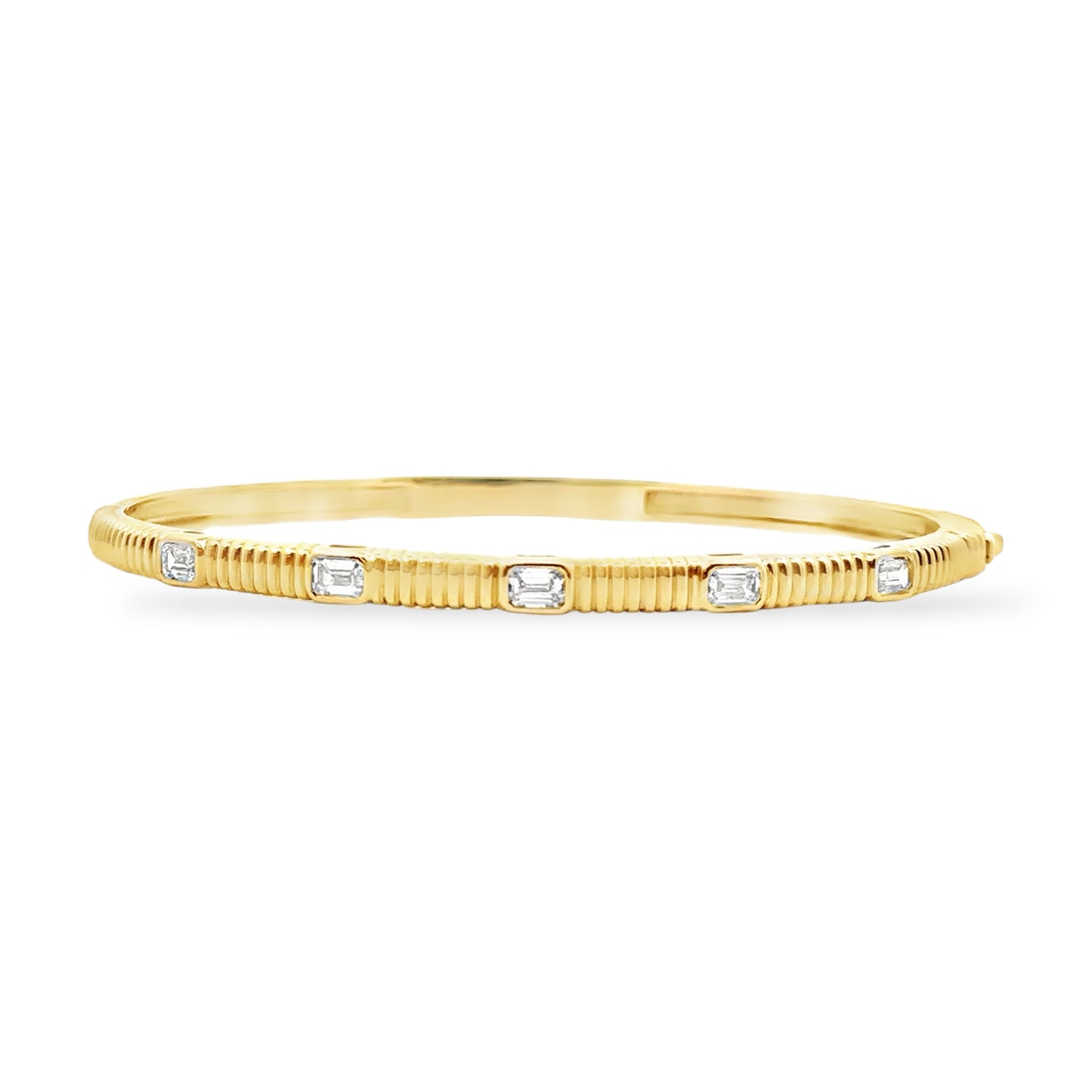 Gemma Couture 14kt Yellow Gold Ribbed Bangle 5 Emerald Cut Diamonds .71cttw