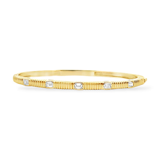 Gemma Couture 14kt Yellow Gold Ribbed Bangle 5 Emerald Cut Diamonds .71cttw