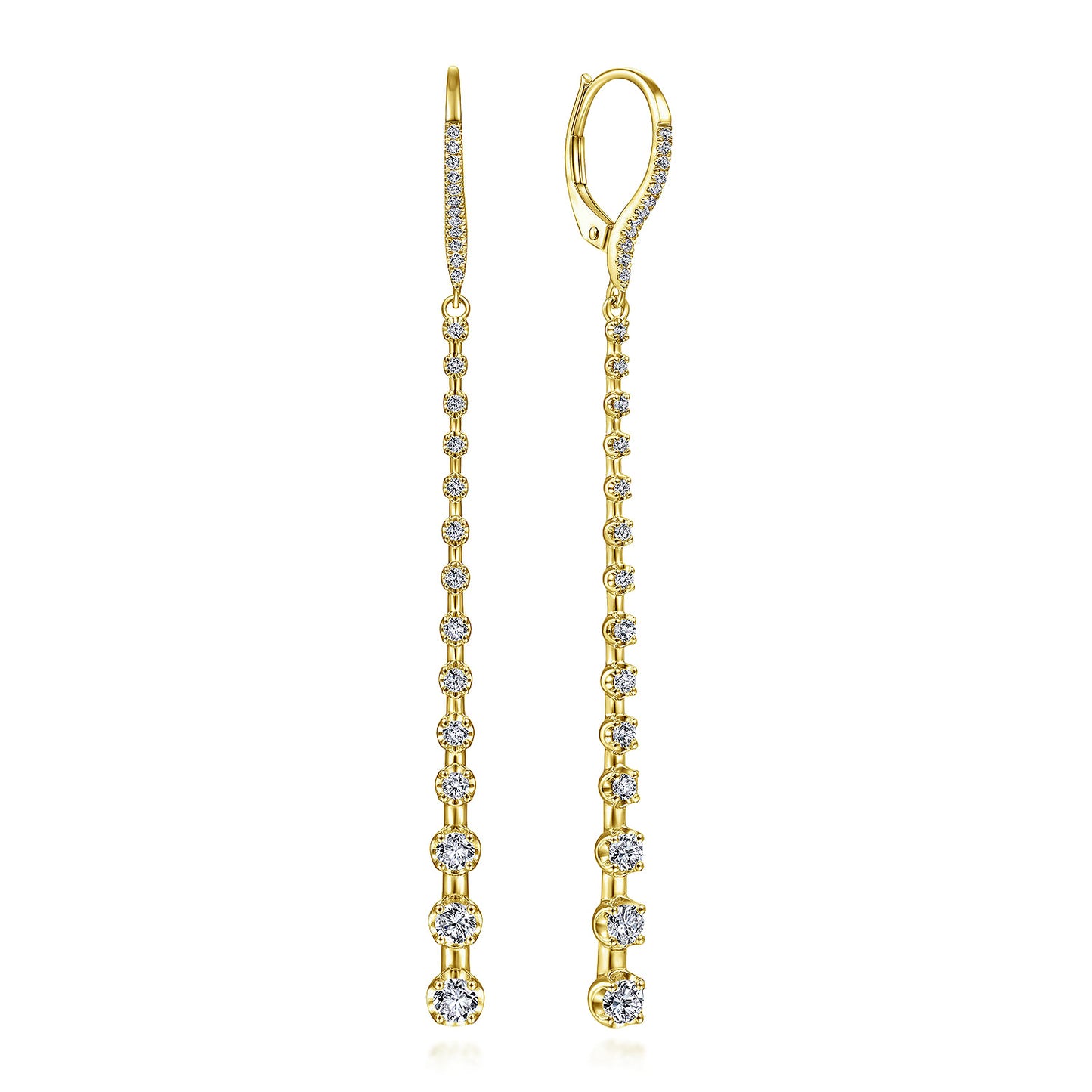Gabriel & Co. 14K Yellow Gold Long Graduating Diamond Bar Earrings .90ct